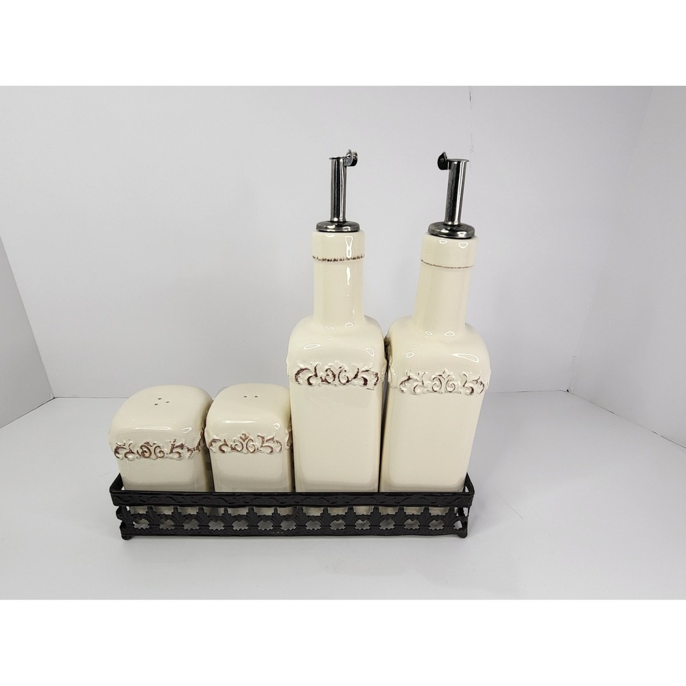 Ceramic Oil Vinegar Salt Pepper Shaker Set with Metal Caddy Cream Farmhouse